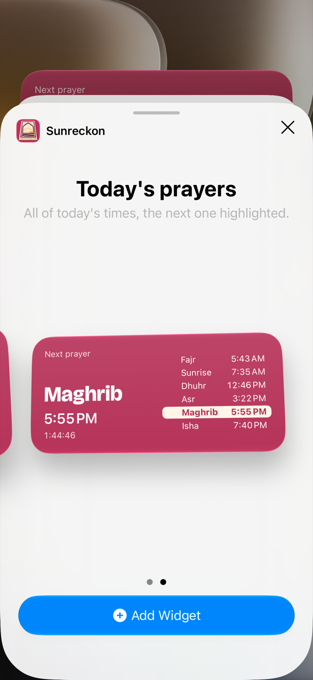 iOS widget gallery showing the Today's prayers widget